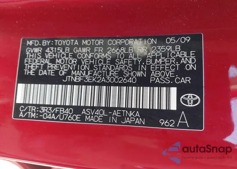 2010 Toyota Camry Le from USA, damaged, VIN JTNBF3EK2A3002640